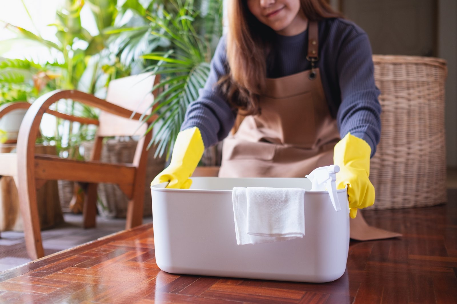 A young woman holding a bucket with cleaning tools and equipment at home